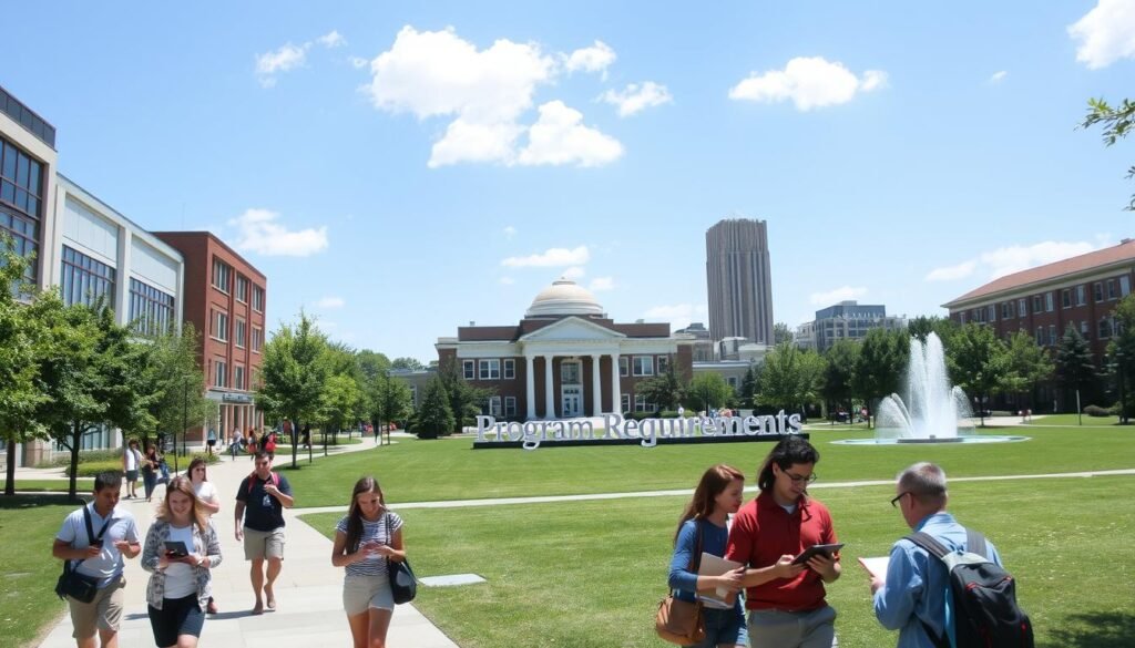 A college campus on a sunny day, with students walking along a path lined with lush trees and modern buildings. In the foreground, a group of students reviewing program requirements on their tablets and discussing intently. In the middle ground, an administrative office with a large sign displaying the words &amp;quot;Program Requirements&amp;quot; in elegant typography. The background features a manicured lawn, a fountain, and a backdrop of towering academic structures. The scene conveys a sense of academic rigor, intellectual curiosity, and the collaborative nature of the educational experience.