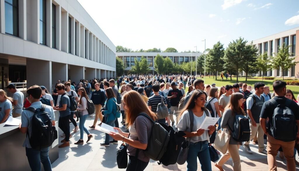 A crowded university campus on a sunny day, with students filing into a large, modern building. In the foreground, a group of prospective students stand before a registration desk, examining brochures and filling out forms. The middle ground shows a bustling scene of students chatting, carrying backpacks, and heading to various classrooms. In the background, the building's clean, minimalist architecture is complemented by lush greenery and a cloudless sky. The atmosphere is one of eager anticipation, as young scholars embark on their educational journeys. Soft, directional lighting casts warm tones across the scene, creating a welcoming and aspirational mood.