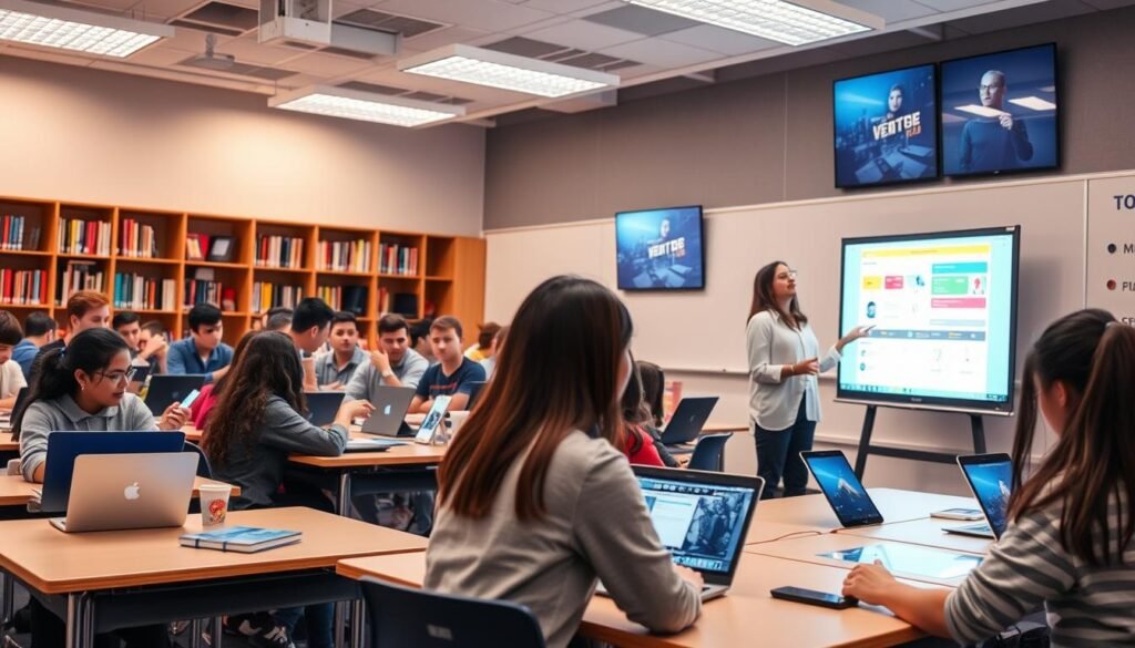 A modern classroom filled with students using various technological devices. In the foreground, a teacher stands at the front, demonstrating the use of a digital interactive whiteboard. In the middle ground, students are engaged with laptops, tablets, and smartphones, collaborating on projects and accessing educational content. The background depicts a well-equipped learning environment with shelves of books, digital displays, and thoughtfully placed lighting to create a warm, productive atmosphere. The scene conveys the seamless integration of technology into the educational process, enabling personalized learning, enhanced collaboration, and access to a wealth of digital resources.