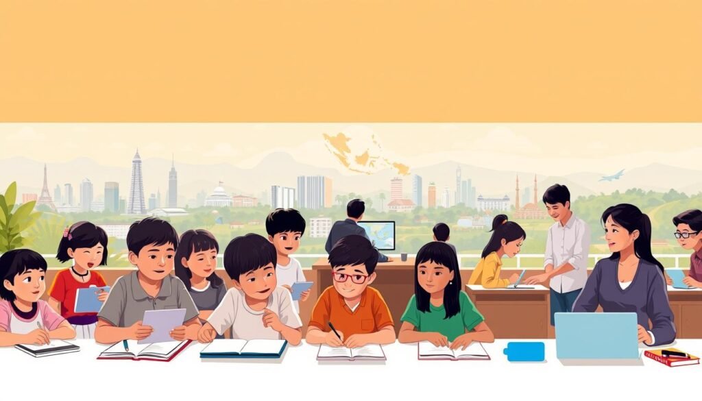 A modern, inspirational illustration of the Indonesian education system transformation. In the foreground, diverse students of all ages engage in interactive, technology-enabled learning activities, their faces filled with curiosity and excitement. In the middle ground, educators in vibrant, collaborative workspaces guide learners, utilizing innovative teaching methodologies. In the background, a panoramic view of Indonesia's diverse landscapes - from bustling cities to serene rural areas - symbolizing the nationwide scope of the educational reforms. Warm, natural lighting illuminates the scene, conveying a sense of progress, inclusivity, and a bright future for Indonesian education.