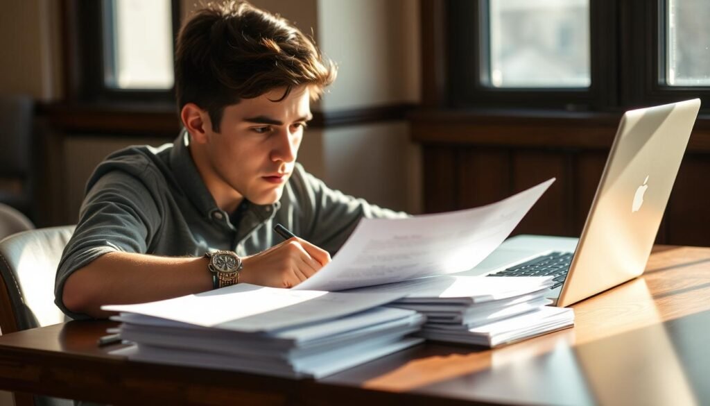 A college student sitting at a table, intently reviewing feedback notes from their thesis defense. Soft natural lighting filters through a window, casting a warm glow on the scene. The student's expression is focused, brow furrowed, as they carefully consider the revisions needed. On the table, a laptop, a stack of papers, and a pen stand ready for the revision process. The background is blurred, emphasizing the student's engagement with the task at hand. The overall mood is one of thoughtful concentration, reflecting the important work of incorporating feedback to improve the thesis.