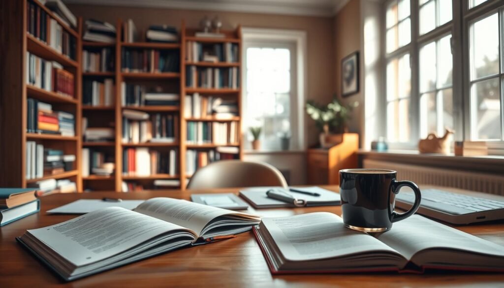 A cozy study space filled with the tools of academic preparation. In the foreground, a laptop, open notebook, and a cup of hot coffee sit neatly arranged on a wooden desk. Midground features a bookshelf brimming with reference materials, lending an air of scholarly focus. The background showcases a large window, allowing natural light to flood the room, creating a warm, productive atmosphere. Soft, directional lighting casts subtle shadows, emphasizing the thoughtful organization of the space. The scene conveys a sense of diligence and purposeful engagement with the task at hand, reflecting the strategic approach to the thesis defense.