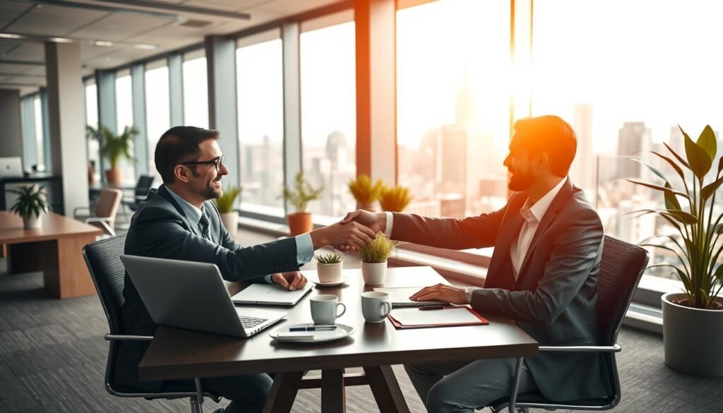 A professional business transaction taking place in a modern, well-lit office setting. In the foreground, two businesspeople sitting at a table, shaking hands to seal a deal. Laptop computers, notepads, and a cup of coffee on the table suggest a formal meeting. The middle ground features office furniture, plants, and minimalist decor, conveying a sense of professionalism and productivity. The background showcases large windows overlooking a bustling city skyline, creating an atmosphere of urban energy and success. Warm lighting and clean lines contribute to an overall tone of efficiency, collaboration, and prosperity.