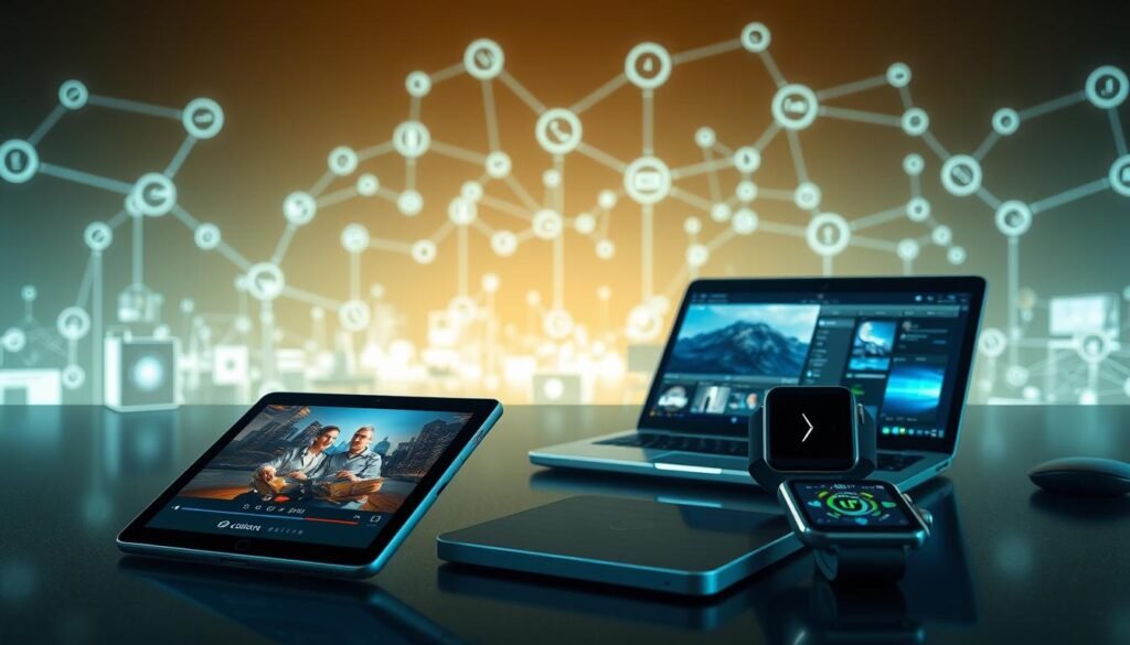 A futuristic scene of nearby devices seamlessly connected, showcasing the power of wireless technology. In the foreground, a sleek smartphone and a tablet rest side by side, their screens glowing with the transfer of a high-quality video. In the middle ground, a laptop and a smartwatch interact, their interfaces mirroring each other. In the background, a network of interconnected devices, from smart home appliances to wearables, all communicating through a robust, secure wireless network. The scene is bathed in a soft, ambient light, creating a sense of harmony and efficiency. The overall atmosphere conveys the ease and convenience of sharing data and content across a range of compatible devices, as if they were an extension of one's digital ecosystem.