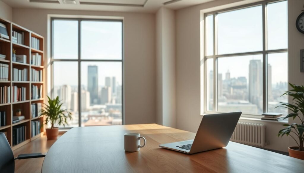 A well-lit, modern office interior with a large window overlooking a cityscape in the distance. The foreground features a minimalist, wooden desk with a laptop, a mug of coffee, and a potted plant. The middle ground showcases bookshelves lining the walls, and the background depicts the city skyline through the window, bathed in soft, natural lighting. The atmosphere is professional, organized, and serene, conveying a sense of productivity and focus.