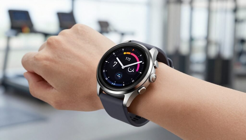 A sleek and futuristic smartwatch, the Samsung Galaxy Ring, prominently displayed on a stylish wrist. The watch features a high-resolution circular display with vibrant, colorful health monitoring metrics such as heart rate, steps, and sleep patterns. The foreground shows the watch at a dynamic angle, hinting at its advanced technology. In the middle ground, a softly blurred gym environment suggests an active lifestyle, with equipment in the background. The lighting is bright and airy, highlighting the watch’s elegant design. The atmosphere conveys a sense of innovation and health consciousness, with gentle reflections on the watch's glass surface enhancing its premium feel. The scene is crafted to evoke enthusiasm for integrated health monitoring technology.
