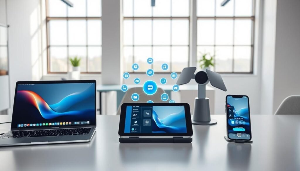 A sleek desktop setup featuring multiple devices seamlessly integrated, showcasing the essence of "Universal Control." In the foreground, a modern laptop with an elegant interface, a tablet displaying an app in sync, and a smartphone mirroring content, all arranged harmoniously. In the middle, a subtle display of connected icons indicating fluidity between devices, illuminated with soft blue and silver lighting. The background features a minimalist office environment with a bright, airy atmosphere, incorporating large windows allowing natural light to fill the space, casting gentle shadows. Capture the scene from an eye-level angle, ensuring a focus on the effortless interaction among the devices, evoking a sense of innovation, efficiency, and professional productivity.