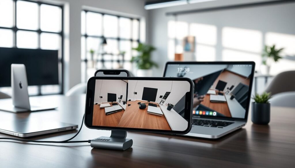A sleek modern workspace featuring an iPhone seamlessly connected to a MacBook, demonstrating the Continuity Camera in action. In the foreground, the iPhone is positioned at an angle, capturing a crisp, vibrant image of a professional desk setup. The middle layer includes the MacBook, opened and displaying the camera feed, reflecting the image from the iPhone. The background features a stylish, well-lit office environment with soft natural light streaming through a window, casting gentle shadows. The mood is innovative and efficient, highlighting productivity with a focus on technology. The overall composition should emphasize the seamless integration of Apple devices, with clean lines and a modern aesthetic, showcasing a tech-savvy, collaborative workspace.