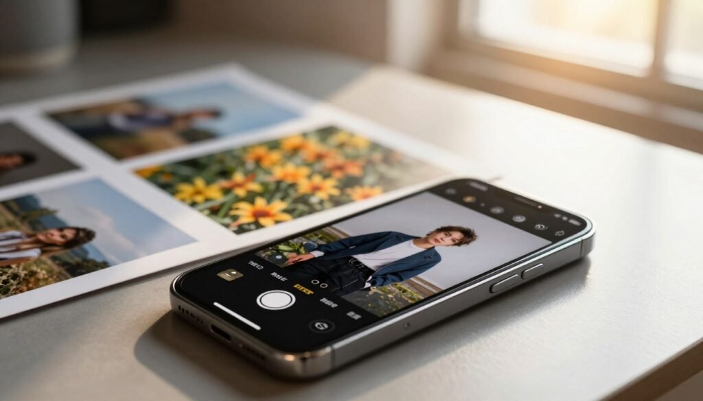 A dynamic smartphone resting on a sleek table, displaying various camera modes on its screen, highlighting features for different photography situations. In the foreground, the smartphone showcases the interface, with modes like portrait, night, and macro clearly visible. In the middle, soft-focus images are being shot: a scenic landscape, a close-up of flowers, and a portrait of a person dressed in a smart casual outfit. The background features a warm, inviting setting with natural light streaming through a window, casting gentle shadows. The atmosphere is vibrant yet professional, evoking creativity and inspiration for photography enthusiasts. A subtle lens flare complements the composition, enhancing the sense of a tech-savvy and stylish environment.