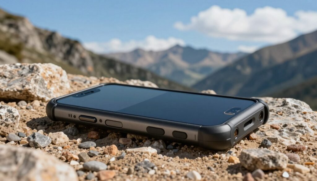A rugged smartphone designed for outdoor use, showcasing its durable features such as reinforced edges and waterproof casing. In the foreground, the smartphone lies on a rocky terrain with dirt and small pebbles around it, showcasing its toughness. In the middle ground, a backdrop of a rugged mountain landscape under a clear blue sky with a few fluffy clouds, suggesting an adventurous atmosphere. The lighting is bright and natural, casting soft shadows that emphasize the phone's design. Capture the image from a slight angle to highlight the screen and its rugged case, illustrating its readiness for outdoor activities. The overall mood should evoke a sense of exploration and resilience, perfect for outdoor enthusiasts.